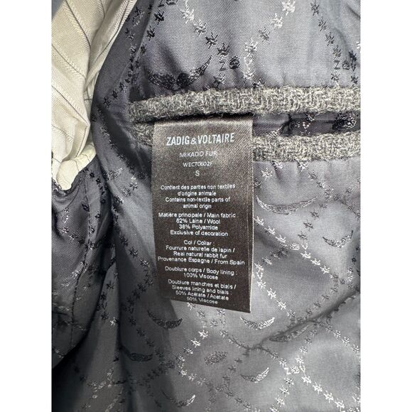 Zadig & Voltaire Coat Wool Gray Detachable Rabbit Fur Collar Size S - Picture 7 of 7